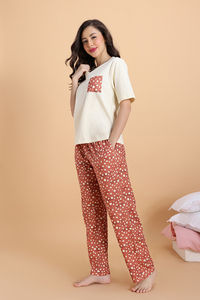 Zivame Dot & Doze Knit Cotton Pyjama Set - Raw Sienna — thumbnail 4
